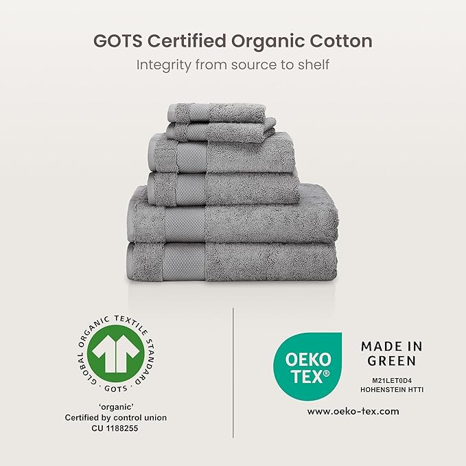 BIOWEAVES 100% Organic Cotton 700 GSM Plush Washcloths 13" x 13" GOTS Certified - Light Grey, Pack of 12