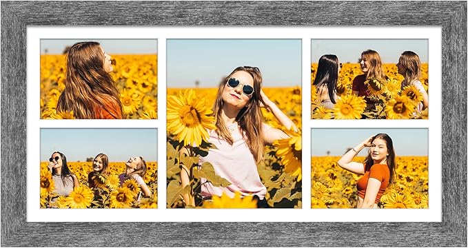 11x23 Picture Frame Display 5 opening 5x7 and 8x10 Picture Frame Collage,Multi Photo Frame with Mat,Plexiglass,Horizontal and Vertical Formats for Wall Decor,Grey Wood Grain