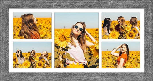 11x23 Picture Frame Display 5 opening 5x7 and 8x10 Picture Frame Collage,Multi Photo Frame with Mat,Plexiglass,Horizontal and Vertical Formats for Wall Decor,Grey Wood Grain