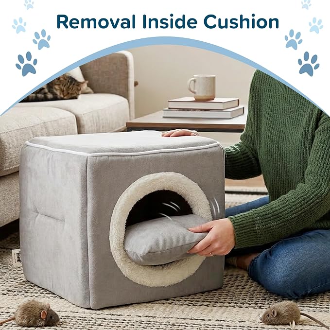 Cat House - Indoor Bed with Removable Foam Cushion - Cat Cave for Puppies, Rabbits, Guinea Pigs, Hedgehogs, and Other Small Animals by PETMAKER (Gray)