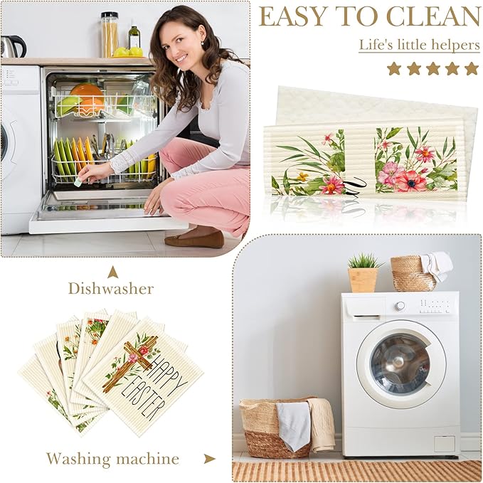CHENGU 6 Pcs Swedish Kitchen Dishcloths, Absorbent Dish Towels, Reusable Sponge Cleaning Dish Cloths, Fast Drying, Washable Decorative Tea Towels, No Odor Bar Hand Towel (Easter)