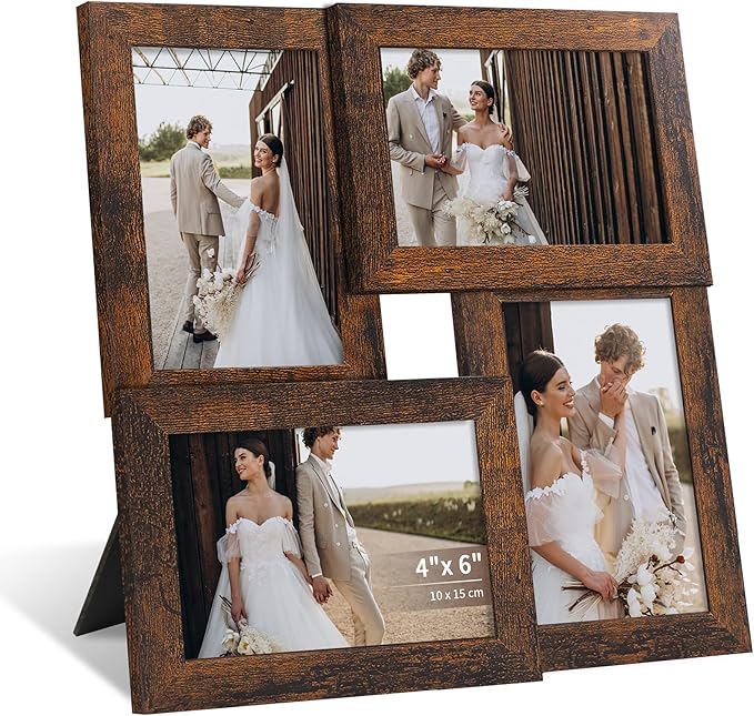 4x6 Collage Picture Frame,4 Photo Frame with Real Glass,Family Picture Frame Collage Wall Hanging or Tabletop Display,Rustic Brown