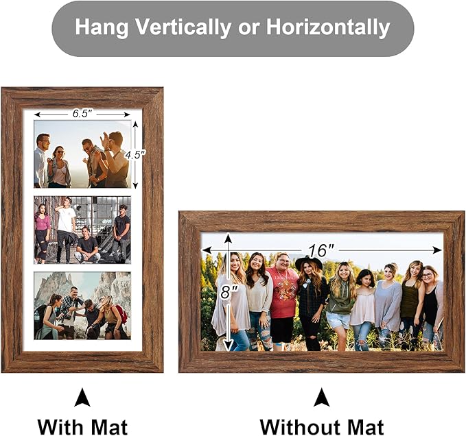 8x16 Picture Frame Display 3 opening Picture Frame 5x7 Collage,Multi Photo Frame with Mat,Plexiglass,Horizontal and Vertical Formats for Wall Decor,Carbonized Brown Wood Grain
