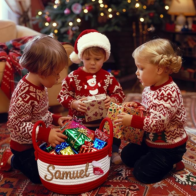 Personalized Christmas Basket with Name Custom Baby Shower Baskets for Newborn Girls Boys Customized Rope Cotton Storage Organizer Gifts