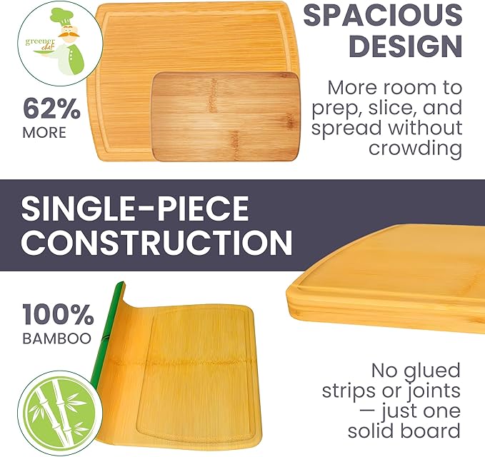 Wooden Cutting Boards for Kitchen with Glue-Free Surface and Lifetime Replacements – Organic Bamboo Chopping Board with Juice Grooves for Carving & Serving, Non Toxic & Durable by Greener Chef