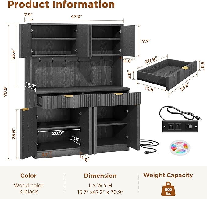 Fluted Kitchen Pantry Storage Cabinet with Charging Station/LED Light/Drawer/Doors/Shelves, 71'' Tall Kitchen Food Hutch with Microwave Stand for Dining Room Living Room (Black, 47*15.7*71)