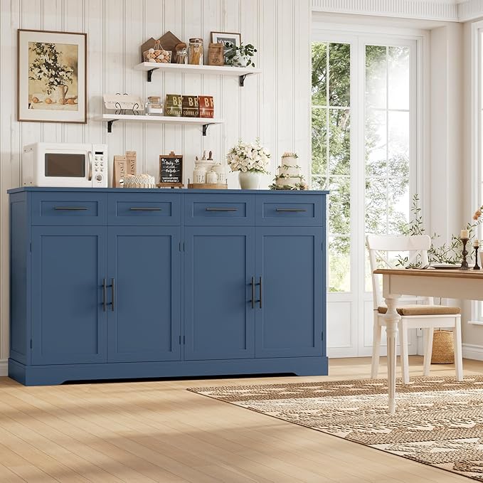 HOSTACK 60" Large Buffet Sideboard with Storage, 36" Tall Kitchen Buffet Storage Cabinet with 4 Drawers, Modern Coffee Bar Cabinet with Gold Handles, Long Sideboard Buffet Table for Kichen, Blue