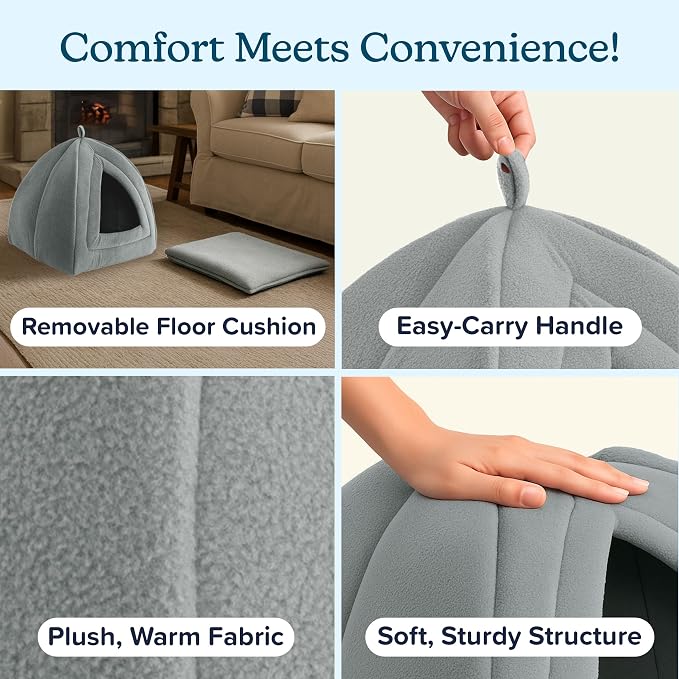 PETMAKER Indoor Cat House with Removable Foam Cushion, Gray, 13.5” x 15.75” | Plush Pet Bed Tent Hideaway with Cozy Soft Interior for Cats, Kittens, and Small Pets, Small Animal Sleep & Rest Space