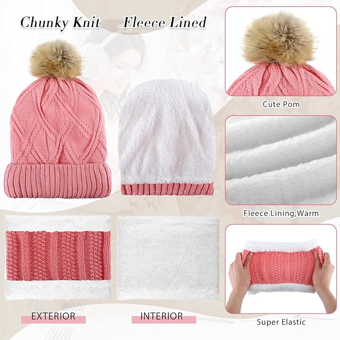 SATINIOR 5 Pcs Winter Hat Scarf Gloves Set Fleece Warm Lined Knit Beanie Hat Touch Screen Earmuff Gloves Warmer for Women(Pink,Stylish Style)