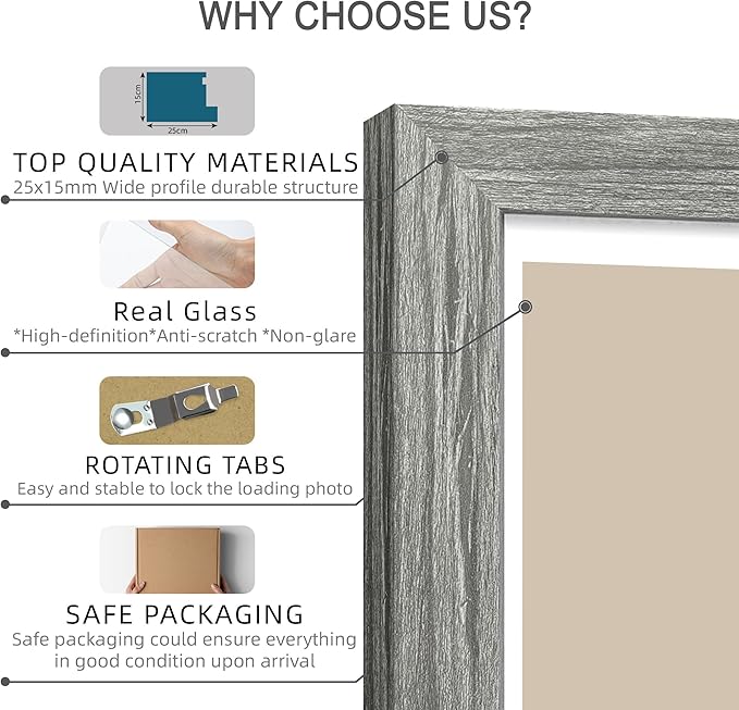 12x12 Picture Frame Set of 4 - Made of Glass and Grey Wooden Frame, Display Square Pictures 10x10 with Mat or 12 x 12 without Mat, Desktop & Wall Collage Photo Frame