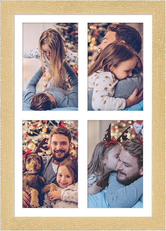 9x13 Collage frame with 4 Openings 4X6 Pictures, Multiple Picture Frame with Mat, Wall or Tabletop Decor, Natural Wood Grain (1 Pack)