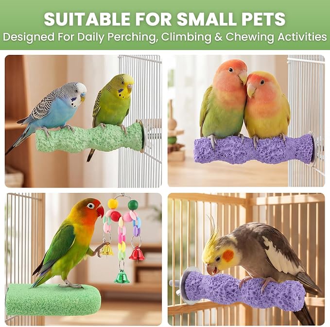 4 Pcs Bird Beak Grinding Stones, Small & Medium Bird Parrot Cage Perch | Bird Cage Stand Plat Form Foot Claws Trimmer with Swing Bell