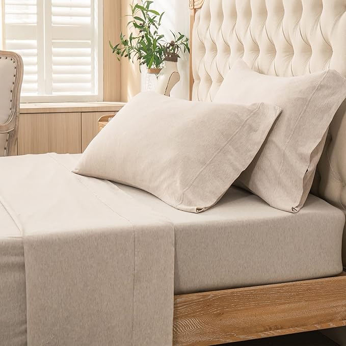 PURE ERA Jersey Knit 4pc Bed Sheet Set 100% T-Shirt Heather Cotton Super Soft Comfy Breathable Fits Mattress Up to 20" Extra Deep Pocket (Heather Beige, King)