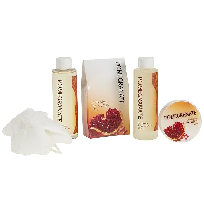 Red Pomegranate Home Spa Bath Basket - Bath & Body Set For Women - Contains Shower Gel, Bubble Bath, Body Lotion, Pomegranate Bath Salt & Pouf in Red Tub