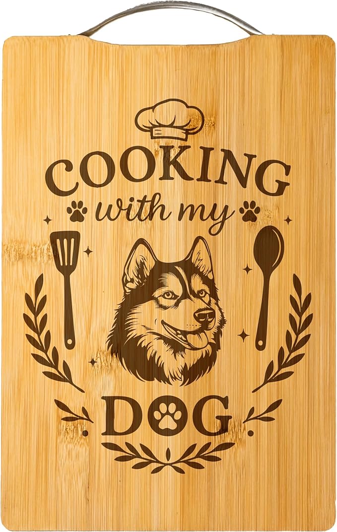 Cooking with My Dog – Engraved Bamboo Cutting Board, Gift for Dog Lovers, Handmade Kitchen Decor, Unique Personalized Dog Gift (Husky)