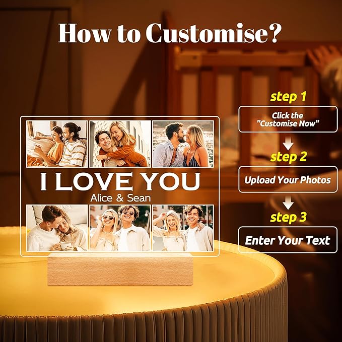 Personalized Picture Frame with Photo, Customized Photo Frame with Night Light, Custom Picture Frames, Personalized Anniversary Christmas Gifts for Women Men Her Him Girlfriend Boyfriend Couple