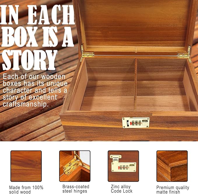 Large Wood Box Decorative Acacia Wooden Storage Box with Combination Lock With Adjustable Divider Wooden Keepsake Box with Hinged Lid Chest Stash Boxes Decorative Lockable Chest Box(Secret Grid)