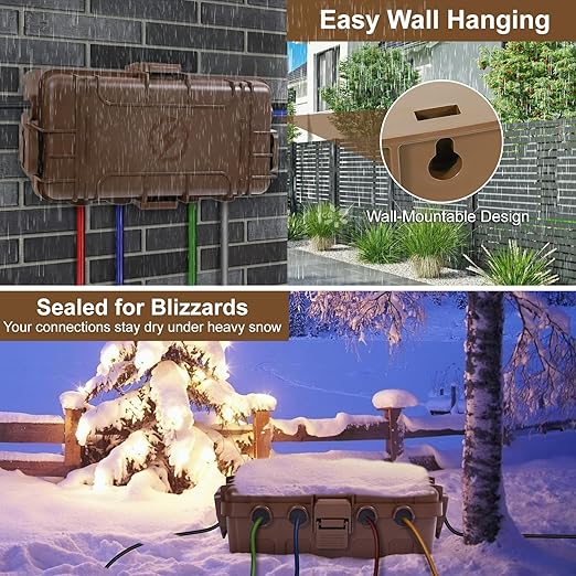 [2 Pack] Outdoor Electrical Box Waterproof, OUTDSPLY Medium Outdoor Electrical Box (11.6x5.2x4.1 inch) w/ 6 Cable Entry, Weatherproof Connection Box for Power Strip, Plug, Timer, Holiday Lights, Brown