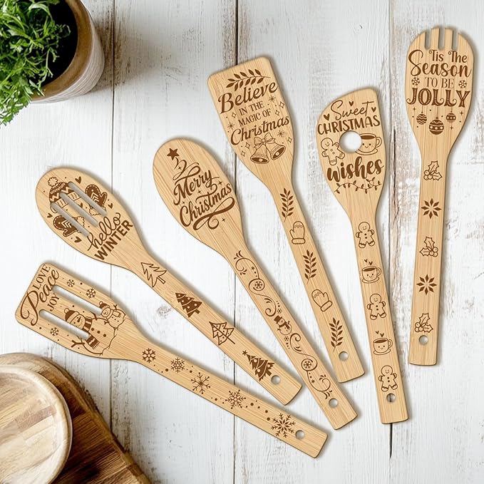 CUTHOLLOW 6PCS Christmas Greeting Wooden Kitchen Cooking Utensil Set, 11.9in Non Toxic Bamboo Wood Spoon Set for Cooking, Best Housewarming Birthday Thanksgiving Christmas Gift for Women Mother