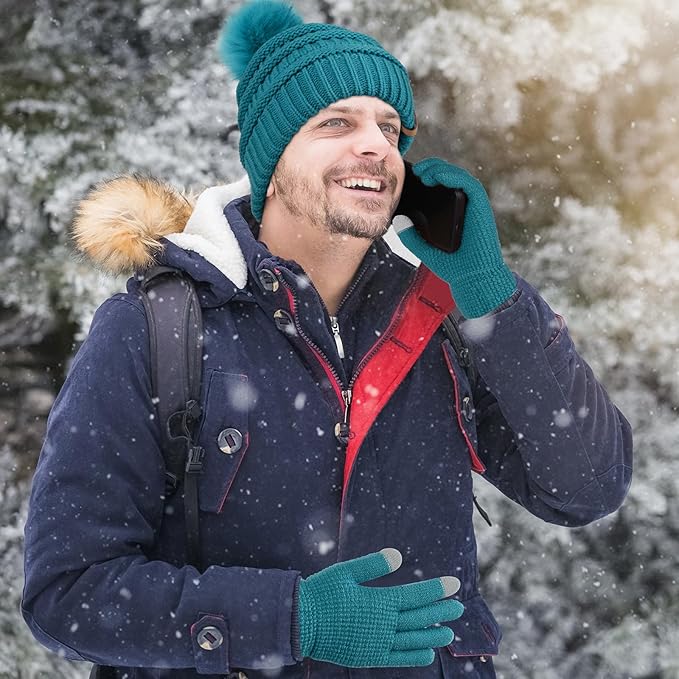 Aneco Womens Winter Warm Sets Knitted Fur Pompoms Beanie Hat Circle Loop Scarf Touch Screen Gloves Winter Favor Accessories