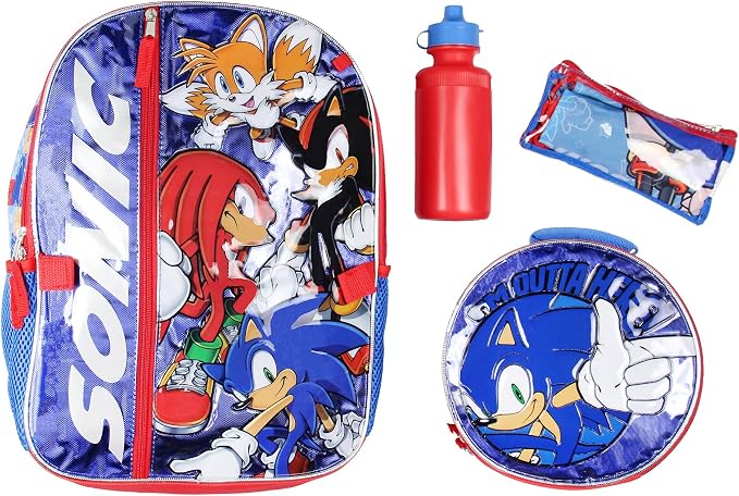 AI ACCESSORY INNOVATIONS Sonic The Hedgehog Backpack 16" Fast Molded Lunch Box Cinch Bag 5PC Set