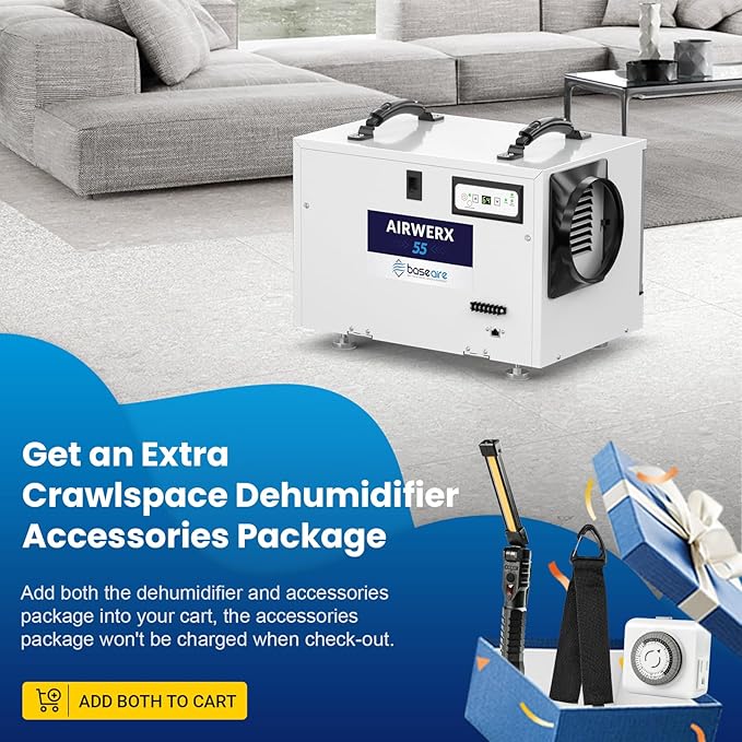 BaseAire Crawlspace Dehumidifier,113 Pints Commercial Dehumidifiers with Drain Hose for Whole House Basement, Industry, Compact, Auto Defrost, Memory Starting, Up to 1200 Sq Ft
