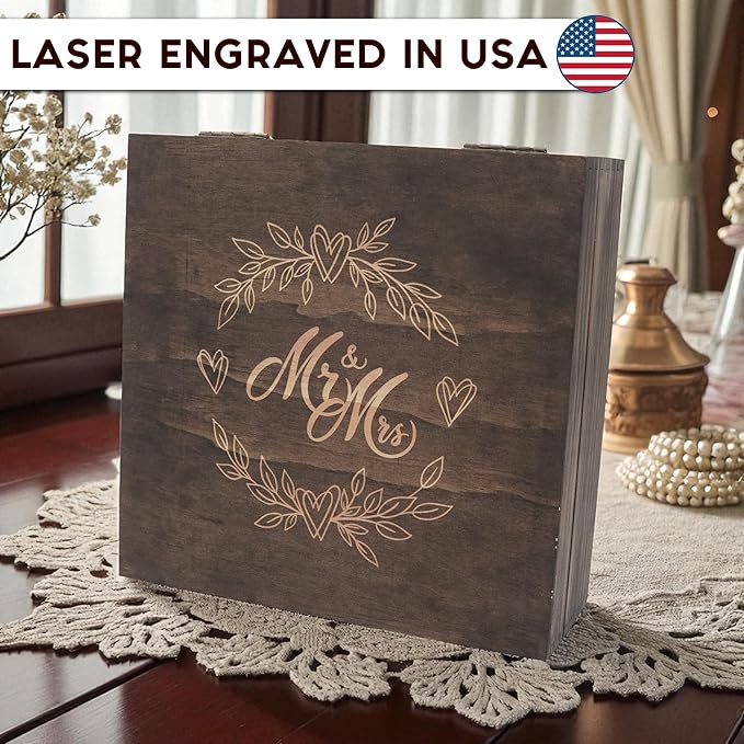 Mr and Mrs Wedding Memory Box -Wooden Keepsake Box with Lid for Couples - Rustic Storage Box for Cards, Photos, Vows, and Mementos – Ideal for Wedding, Engagement, or Anniversary