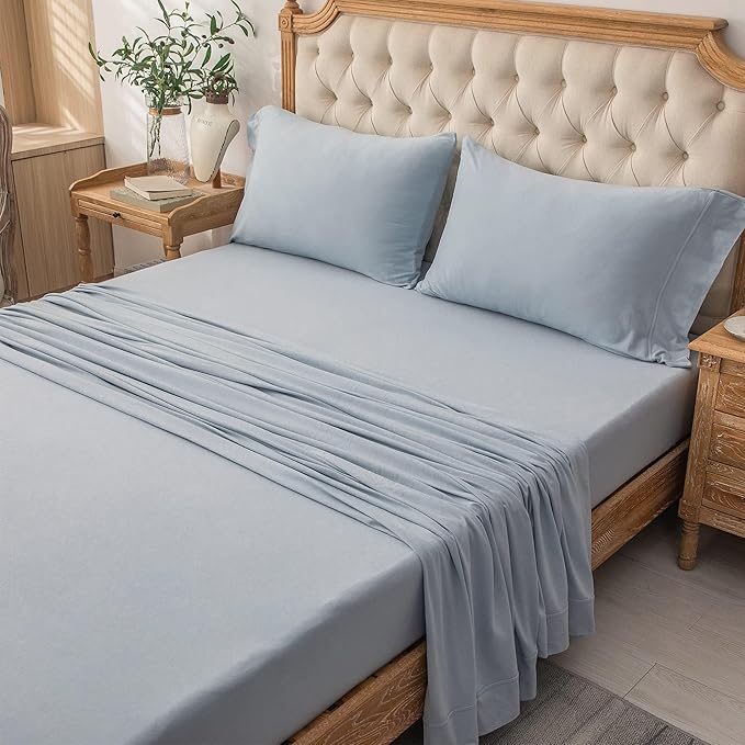 PURE ERA Jersey Knit 3pcs Bed Sheet Set 100% T-Shirt Heather Cotton Super Soft Comfy Breathable Fits Mattress Up to 20" Extra Deep Pocket (Solid Light Blue, Twin XL)