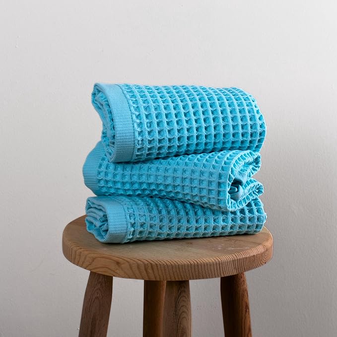 PÜSKÜL - Set of 3 Organic Waffle Hand Towel Turquoise - Premium Quality, 100% Turkish Cotton, Soft, Quick-Dry, Absorbent, Lint-Free Face Kitchen Hand Towels (Turquoise, Hand Towels - Pack of 3)