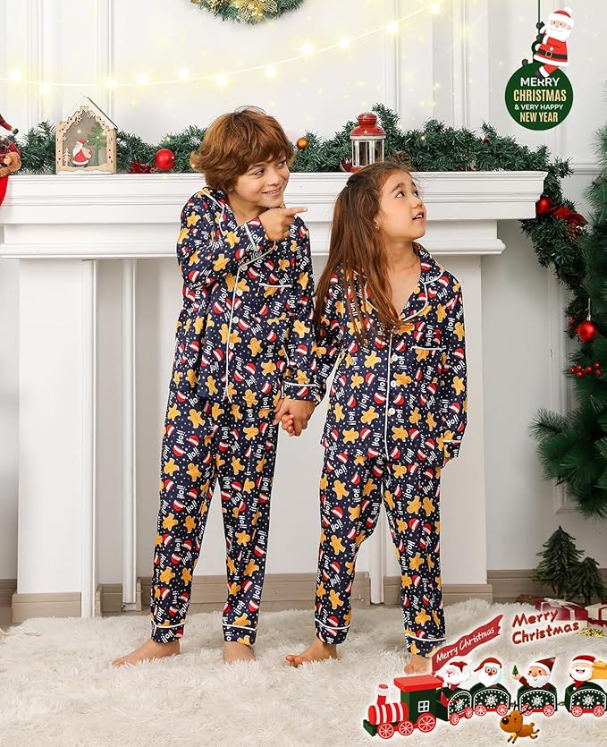 ANGELGGH Family Christmas PJs Matching Sets 2 Pcs Festival Party Pajamas Holiday Warm Sleepwear Couples Button Loungewear