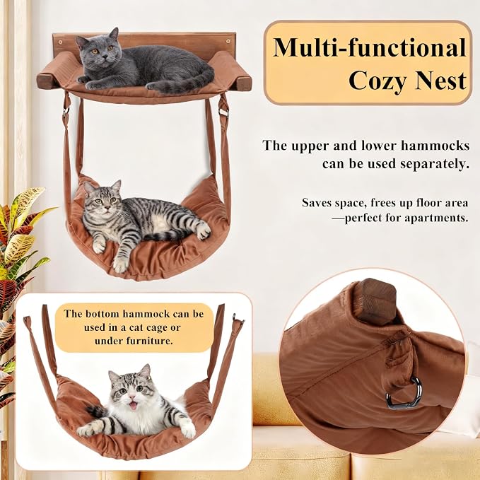 JSPYFITS Wooden Cat Furniture Wall Mounted, Double Layer Hammock, Large Size 18.9″ Removable Multi-Function Cat Bed for Sleep/Play/Climb, Kitten Window Perch, Easy DIY Installation(Brown)