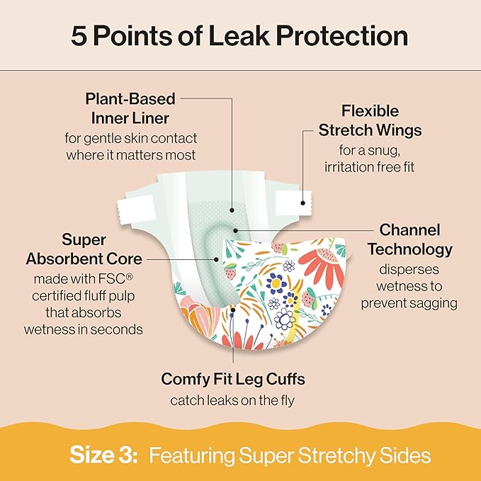 The Honest Company Clean Conscious Diapers for Sensitive Skin Up to 100% Leakproof Hypoallergenic Fragrance-Free Baby Girl Prints Super Club Box Size 3 (16–28 lbs) 120 Count