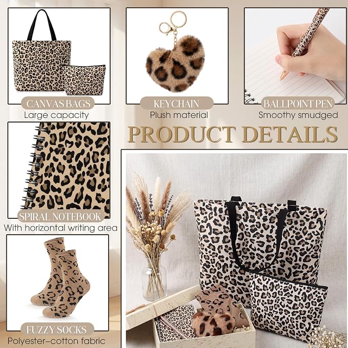 Talltalk 6 Pcs Leopard Gifts for Women Leopard Print Gift Set, Socks Canvas Bag Makeup Bag Spiral Notebook Ballpoint Pen and Artificial Fur Keychain for Christmas Birthday Graduation Thanksgiving