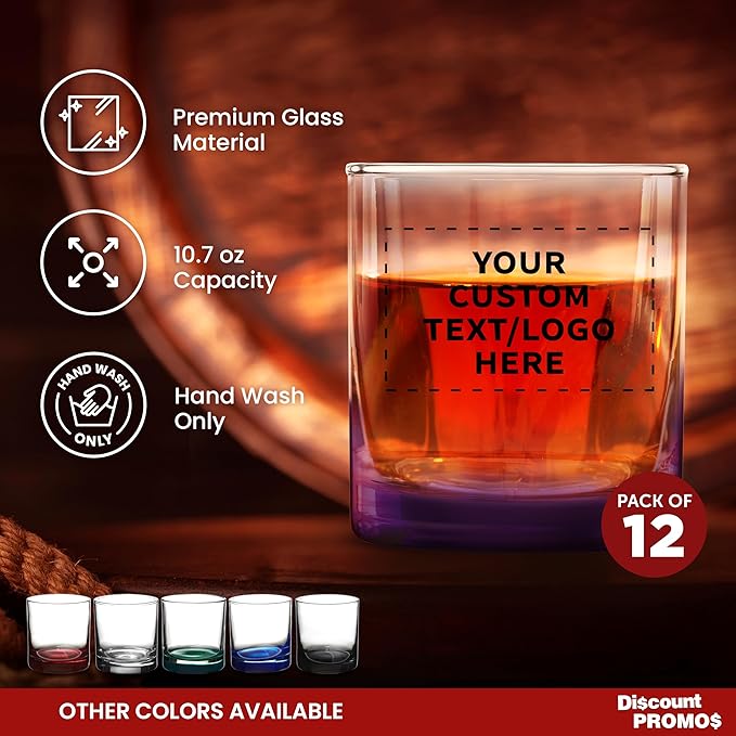 Custom Lexington Rocks Whiskey Glass 10.5 oz, Set of 12, Personalized Bulk Pack - Perfect for Scotch, Bourbon, Whiskey, Cocktail - Purple