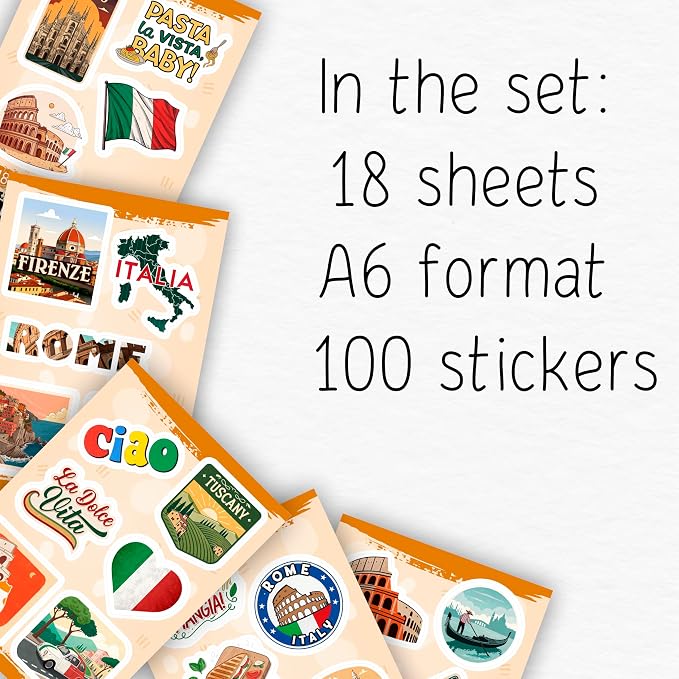 100Pcs Italy Stickers for Scrapbooking, for Luggage, for Water Bottle - Italian Stickers and Decals - Italy Party F avors - Gift for Women & Men