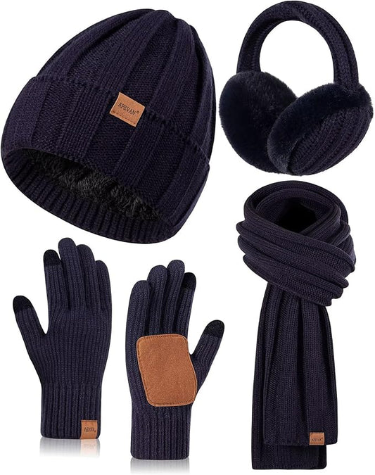 Winter Hat Gloves Scarf Earmuffs Set for Women, Fleece Lined Beanie Long Scarf Touchscreen Gloves Ear Warmer, 4 in 1 Gift Set