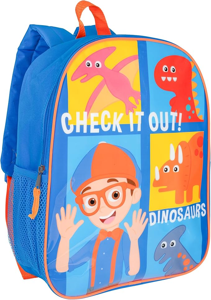 AI ACCESSORY INNOVATIONS Blippi Backpack for Boys & Girls, Kids 15" School Bag Featuring Blippi & His Dinosaur Friends, Blue