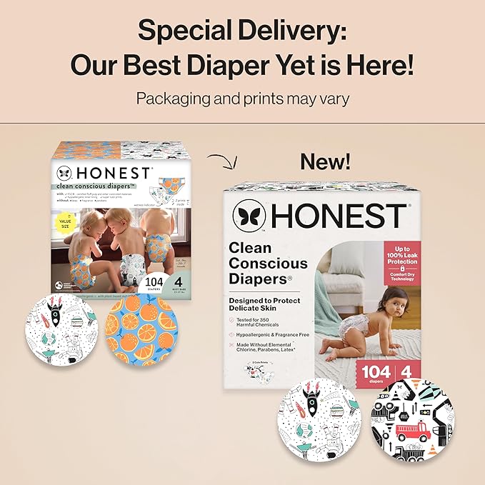 The Honest Company Clean Conscious Diapers for Delicate Skin Up to 100% Leakproof Hypoallergenic Fragrance-Free Baby Gender Neutral Prints Super Club Box Size 4 (22–37 lbs) 104