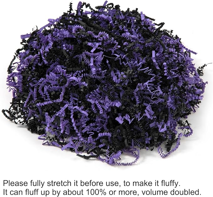 Mefleet 1/2 LB Halloween Crinkle Cut Paper Shred Filler 8 oz Purple & Black Crinkle Shredded Paper for Gift Basket - Gift Box Bag Filler - Grass Cushion Stuffing for Halloween Packaging Wrapping