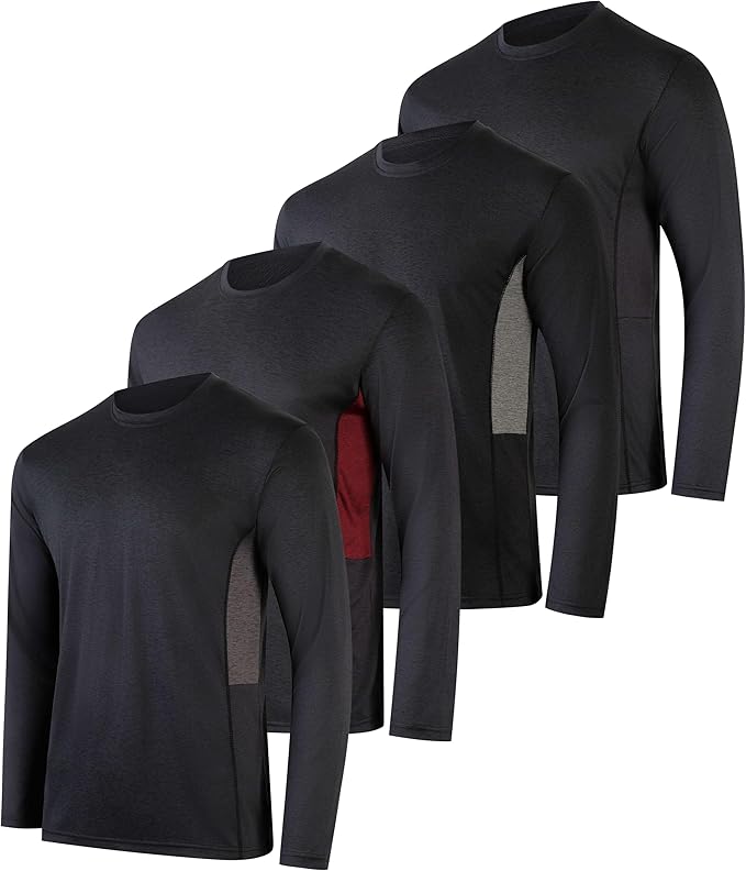 Real Essentials 4 Pack: Mens Long Sleeve Dry Fit T Shirts Hiking Fishing Workout Gym Work Sun UPF 50 Wicking Running Tee