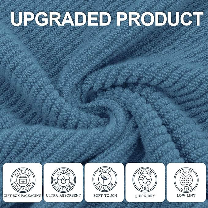 VOOVA & MOVAS Bath Towels Set of 4, Large 30" x 56" - 100% Cotton | Thick | Lightweight | Soft | Absorbent, Quick Dry Towels for Bathroom, Luxury Bathroom Essentials, Denim Blue