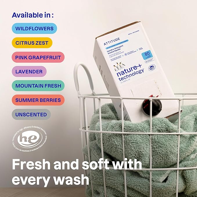 ATTITUDE Liquid Laundry Detergent Refill, EWG Verified, HE Compatible, Plant-Based & Vegan, Natural Laundry Soap, Citrus Zest Scent, 80 Loads, 67.6 Fl Oz