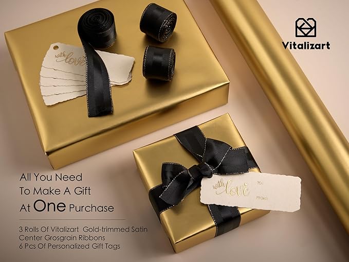 Vitalizart Gold Matte Metallic Wrapping Paper Set 17" With Silk Satin Ribbon & Gift Tags Christmas Gift Wrapping Birthday Baby Shower Wedding Bouquets Handmade Crafts 197"(16.4 Ft) Black Ribbon