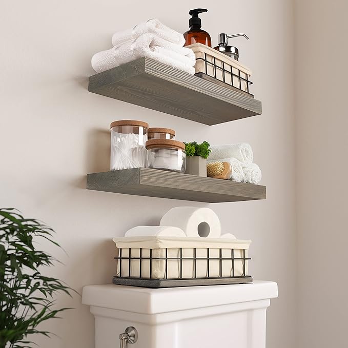 BAOBAB WORKSHOP Set of 2 Metal & Wooden Basket with Liners - Bathroom Basket Organizer & Kitchen Storage Decor - Farmhouse Toilet Paper Baskets for Back of Toilet Tank Tray Topper