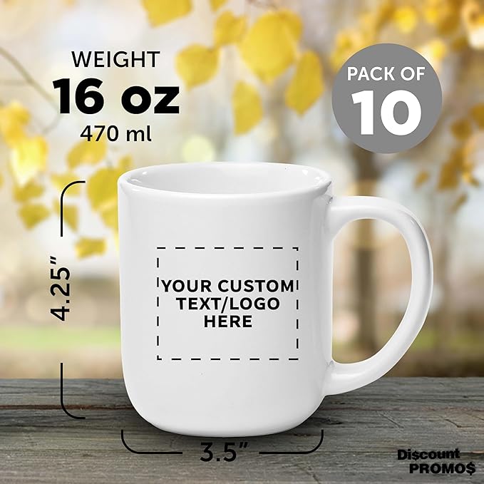 DISCOUNT PROMOS Custom Vibrant Color Glossy Ceramic Mugs 16 oz. Set of 10, Personalized Bulk Pack - Perfect for Tea, Espresso, Cappuccino, Hot Cocoa - White
