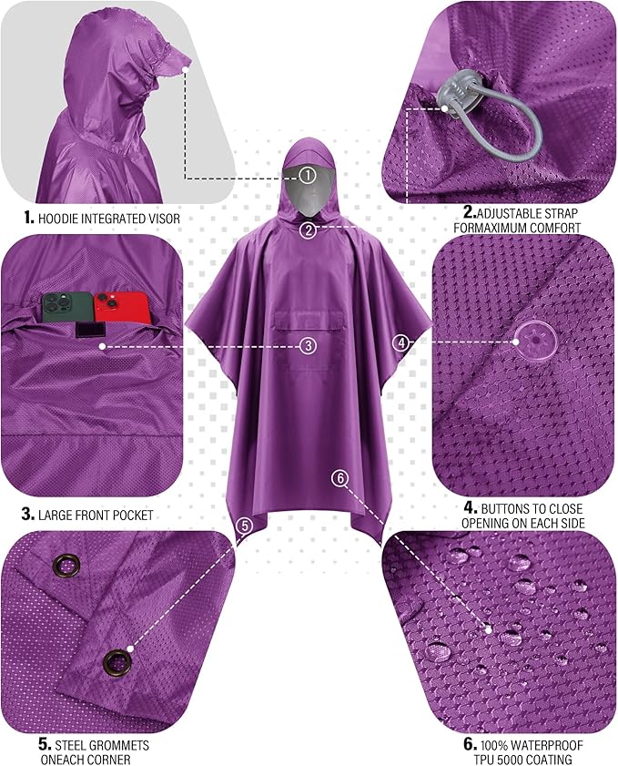 iCreek Hooded Rain Poncho Packable Unisex Raincoat Jacket with Pocket Waterproof Lightweight for Hiking, Camping, Outdoor