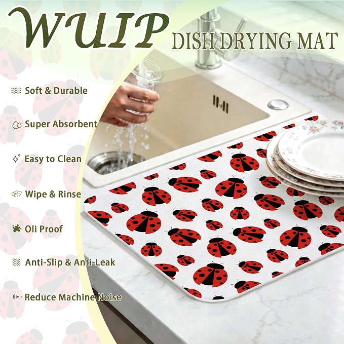 Red Ladybug Dish Drying Mats for Kitchen Counter, Ladybug Gifts for Women, Ladybird Absorbent Reversible Coffee Bar Mat Drying Pad for Kitchen Decor, 12x15 Inch