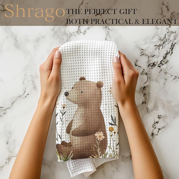 Bear Gifts Kitchen Towels, Gifts for Bear Lovers Dish Tea Towels for Kitchen, Cute Wild Animal Floral Botanical Decorative Hand Towel for Kids Bathroom Decor, 16x24 Inch