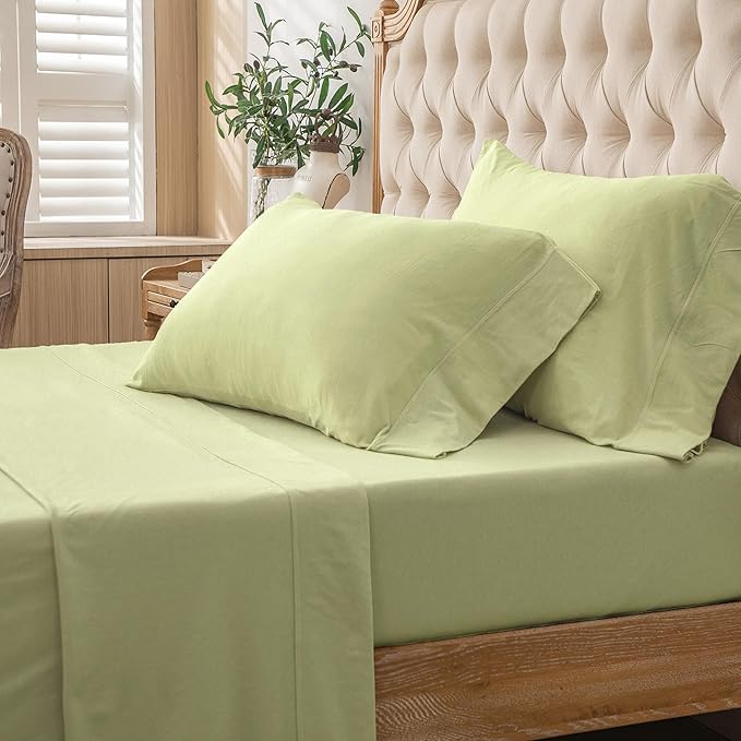 PURE ERA Jersey Knit 4pc Bed Sheet Set 100% T-Shirt Cotton Super Soft Comfy Breathable Fits Mattress Up to 20" Extra Deep Pocket (Solid Mocha Green, Queen)