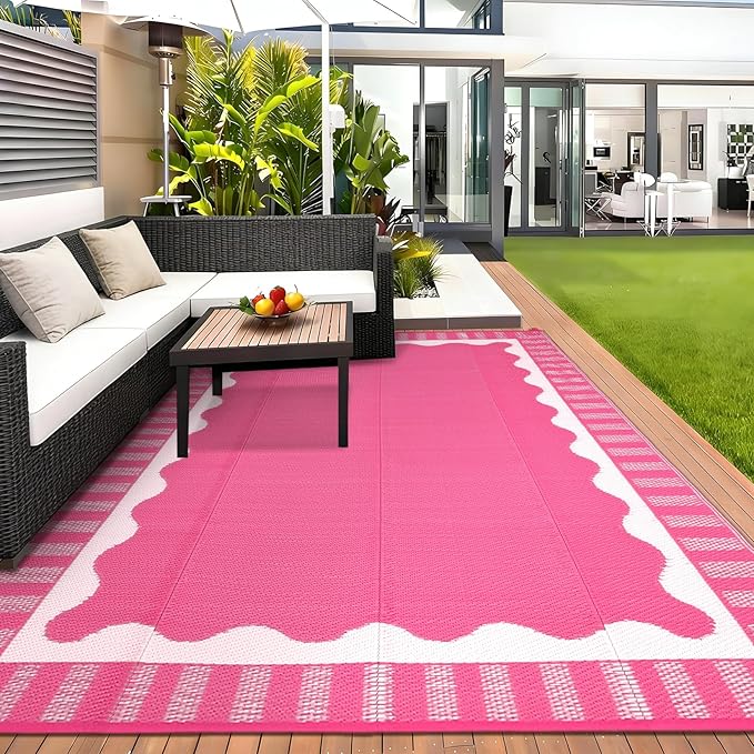 Waterproof Plastic Straw Outdoor Rug 9x18 Patio Reversible UV Resistant Foldable Camping Carpet Scalloped Border Large Outdoor Rugs for Deck, Picnic, Porch, Camper, Balcony, Beach，Rose Pink